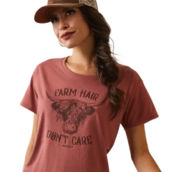 Ariat® Ladies " Farm Hair Don't Care" Graphic Red Clay T-Shirt 10044613 -Ariat Shop 10044613d