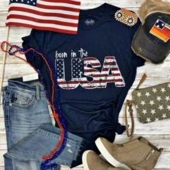 Texas True Threads Ladies Born In The USA Navy Shirt BORNUSA-NVY