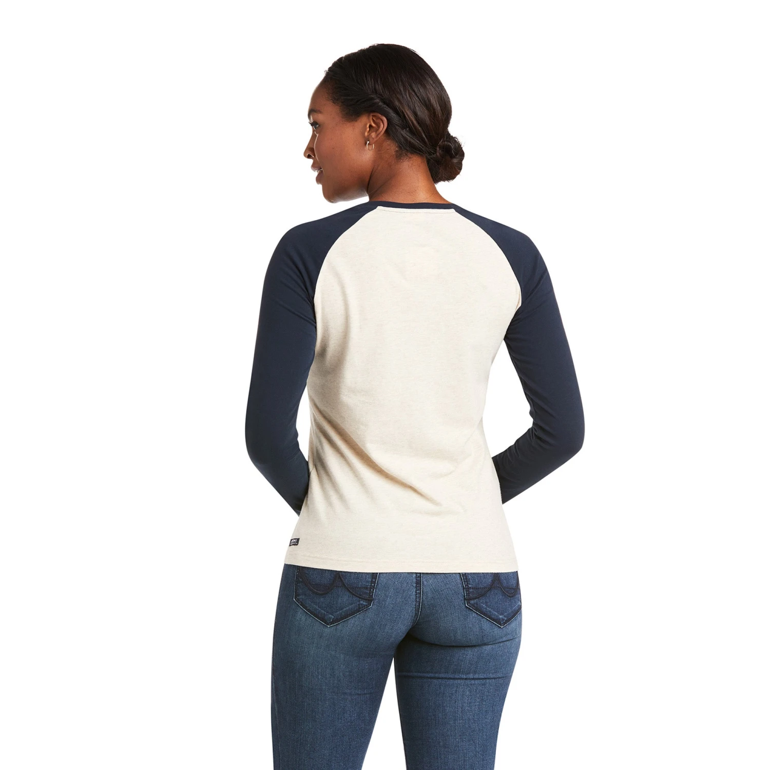 Ariat Ladies Jump Long Sleeve Oatmeal/Sapphire T-Shirt 10036957 Ariat Ladies Jump Long Sleeve Oatmeal/Sapphire T-Shirt 10036957 -Ariat Shop F21 WMS ENGL 10036957 back