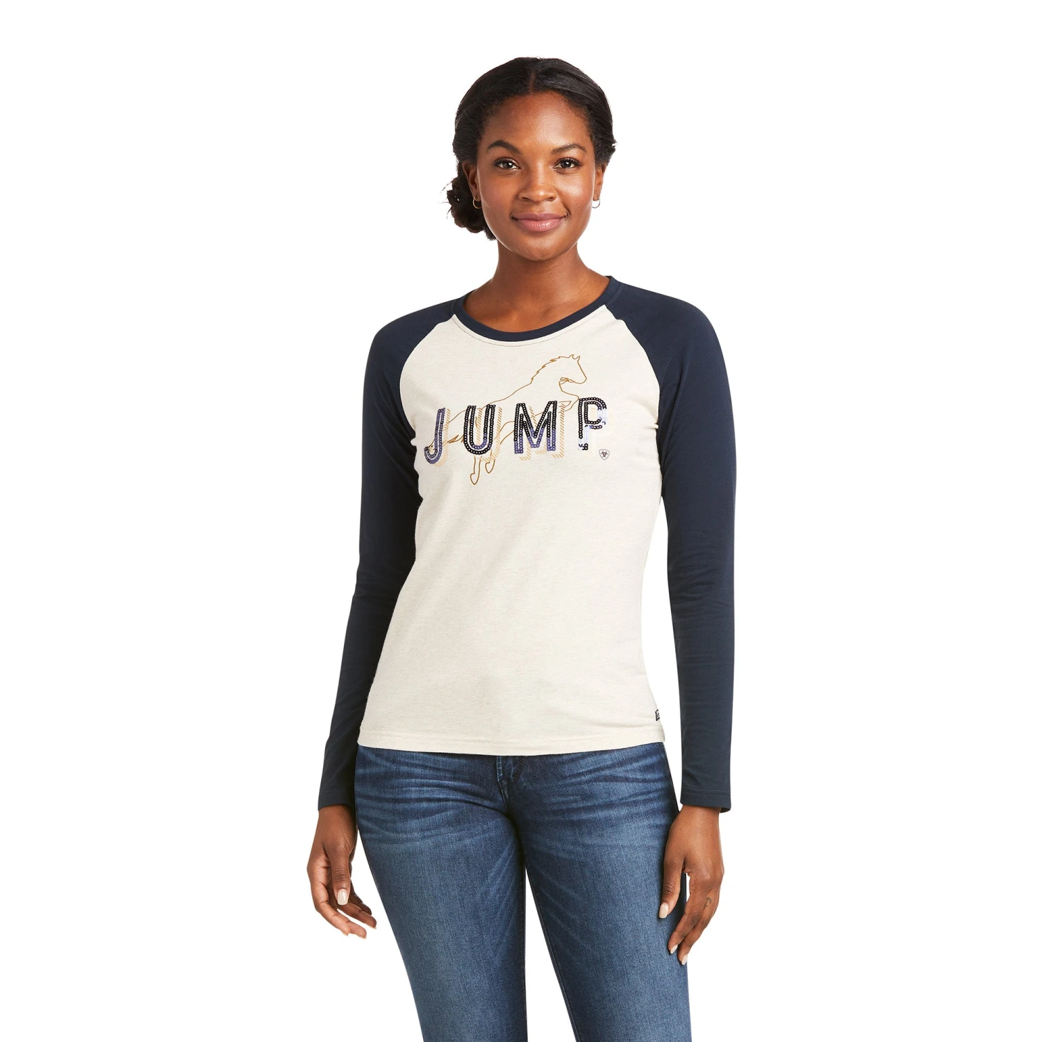 Ariat Ladies Jump Long Sleeve Oatmeal/Sapphire T-Shirt 10036957 Ariat Ladies Jump Long Sleeve Oatmeal/Sapphire T-Shirt 10036957 -Ariat Shop F21 WMS ENGL 10036957 front