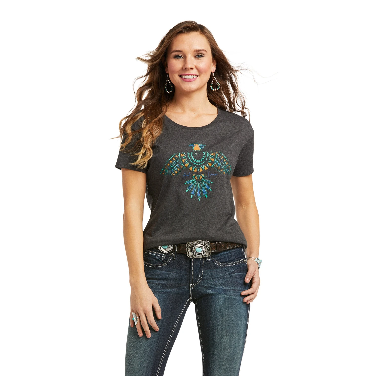 Ariat® Ladies T-Bird Short Sleeve Charcoal Heather T-Shirt 10038641 Ariat® Ladies T-Bird Short Sleeve Charcoal Heather T-Shirt 10038641 -Ariat Shop F21 WMS WEST 10038641 front