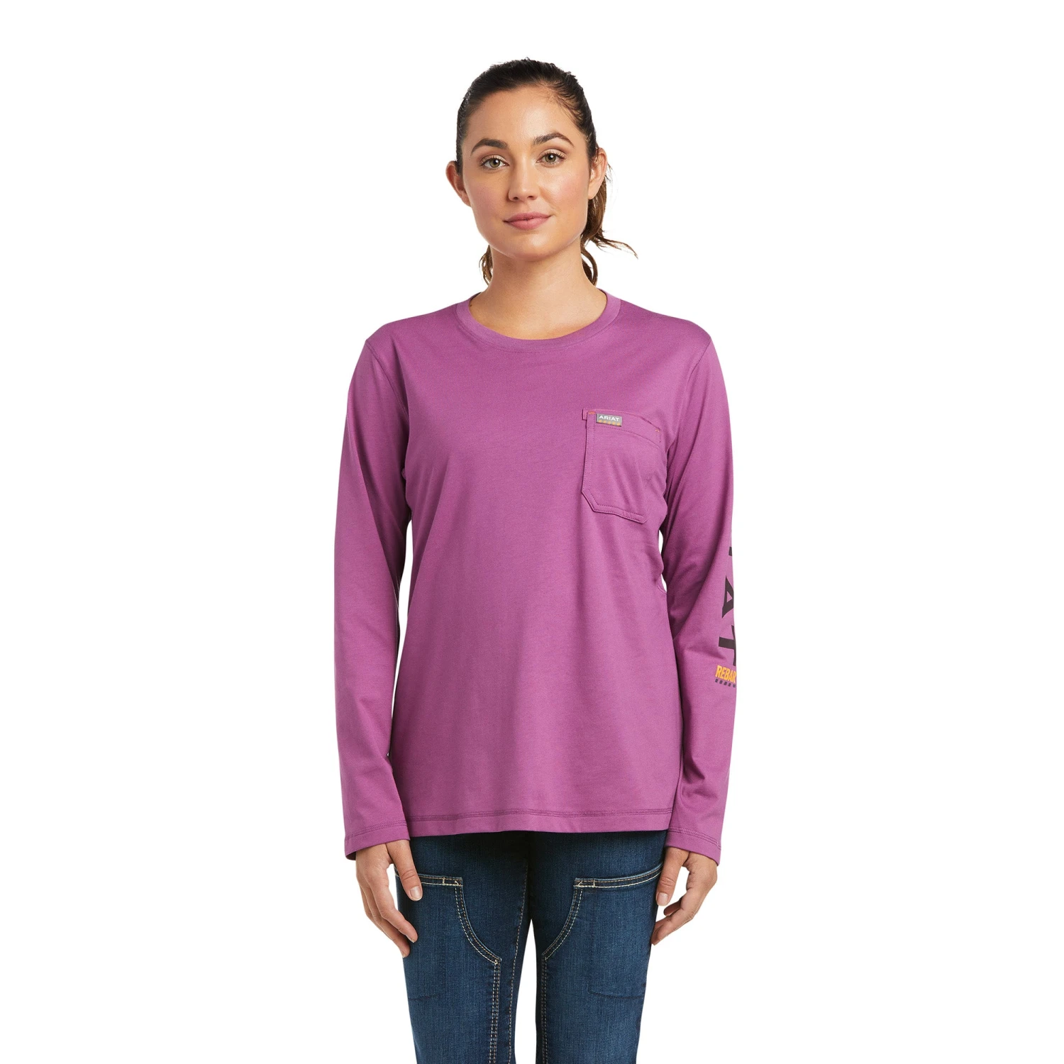 Ariat® Ladies Rebar Workman Logo Amethyst Long Sleeve T-Shirt 10037656 Ariat® Ladies Rebar Workman Logo Amethyst Long Sleeve T-Shirt 10037656 -Ariat Shop F21 WMS WORK 10037656 front