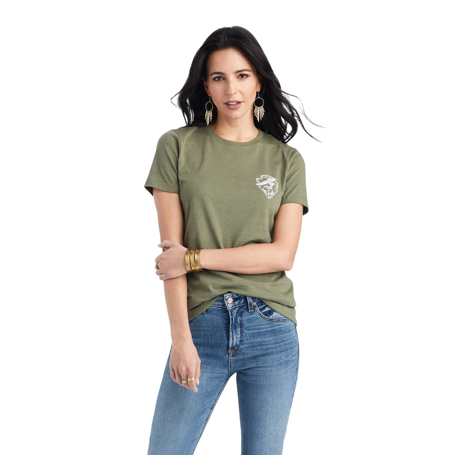 Ariat® Ladies Arrowhead Short Sleeve Military Heather T-shirt 10042723 Ariat® Ladies Arrowhead Short Sleeve Military Heather T-shirt 10042723 -Ariat Shop F22 WMS WEST 10042723 front