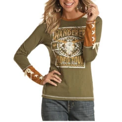 Panhandle® Ladies Olive Green Graphic Lace Up Cuff Shirt L8T7223-31