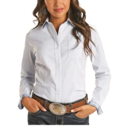 Panhandle Ladies Micro Pinstripe Cactus Print Button Down Shirt R4B3289