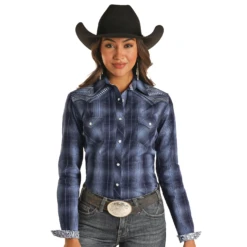 Panhandle® Ladies Indigo Ombre Plaid Long Sleeve Snap Shirt R4S2527