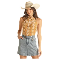 Rock & Roll Cowgirl® Ladies Camel Aztec Print Snap Shirt RRWSSSR0V6-25