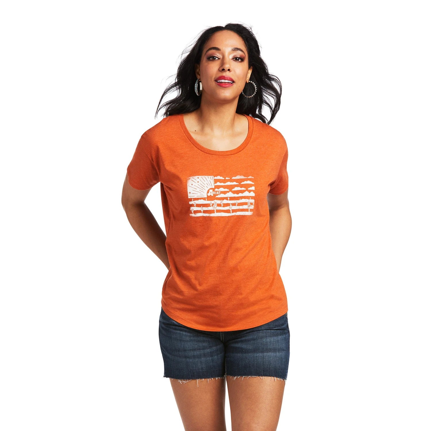 Ariat® Women's Desert Flag Adobe Orange Heather T-Shirt 10039972 Ariat® Women's Desert Flag Adobe Orange Heather T-Shirt 10039972 -Ariat Shop S22 WMS WEST 10039972 front