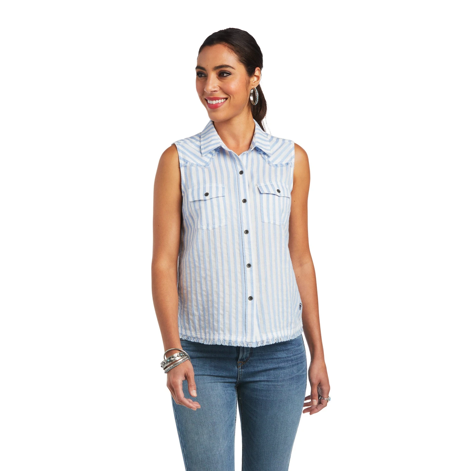 Ariat Women's Boom Boom Sleeveless Blue Stripe Shirt 10040519 Ariat Women's Boom Boom Sleeveless Blue Stripe Shirt 10040519 -Ariat Shop S22 WMS WEST 10040519 front