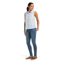 Ariat Women's Boom Boom Sleeveless Blue Stripe Shirt 10040519 3 Ariat Women's Boom Boom Sleeveless Blue Stripe Shirt 10040519 -Ariat Shop S22 WMS WEST 10040519 full