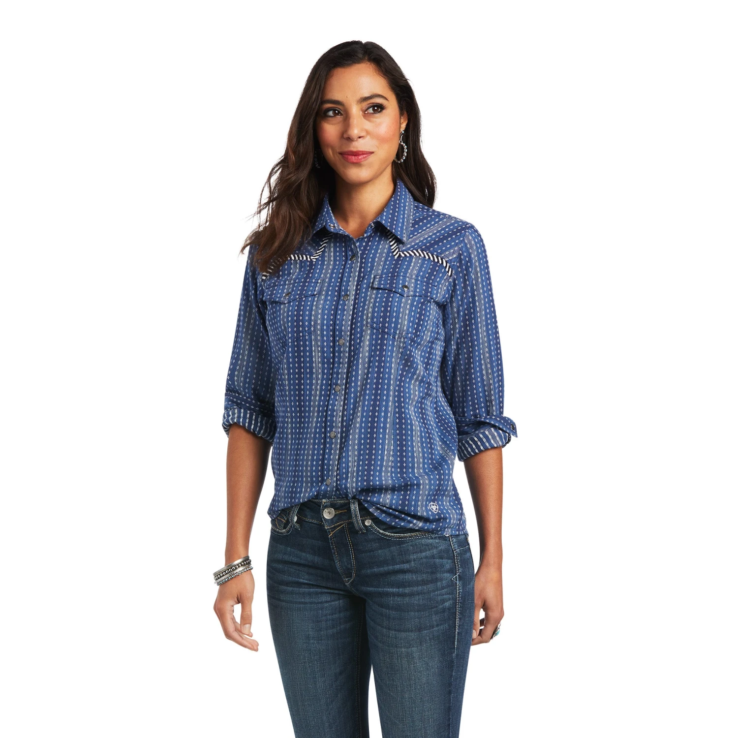 Ariat® Ladies REAL™ Darling Chambray Dobby Shirt 10040625 Ariat® Ladies REAL™ Darling Chambray Dobby Shirt 10040625 -Ariat Shop S22 WMS WEST 10040625 front Copy