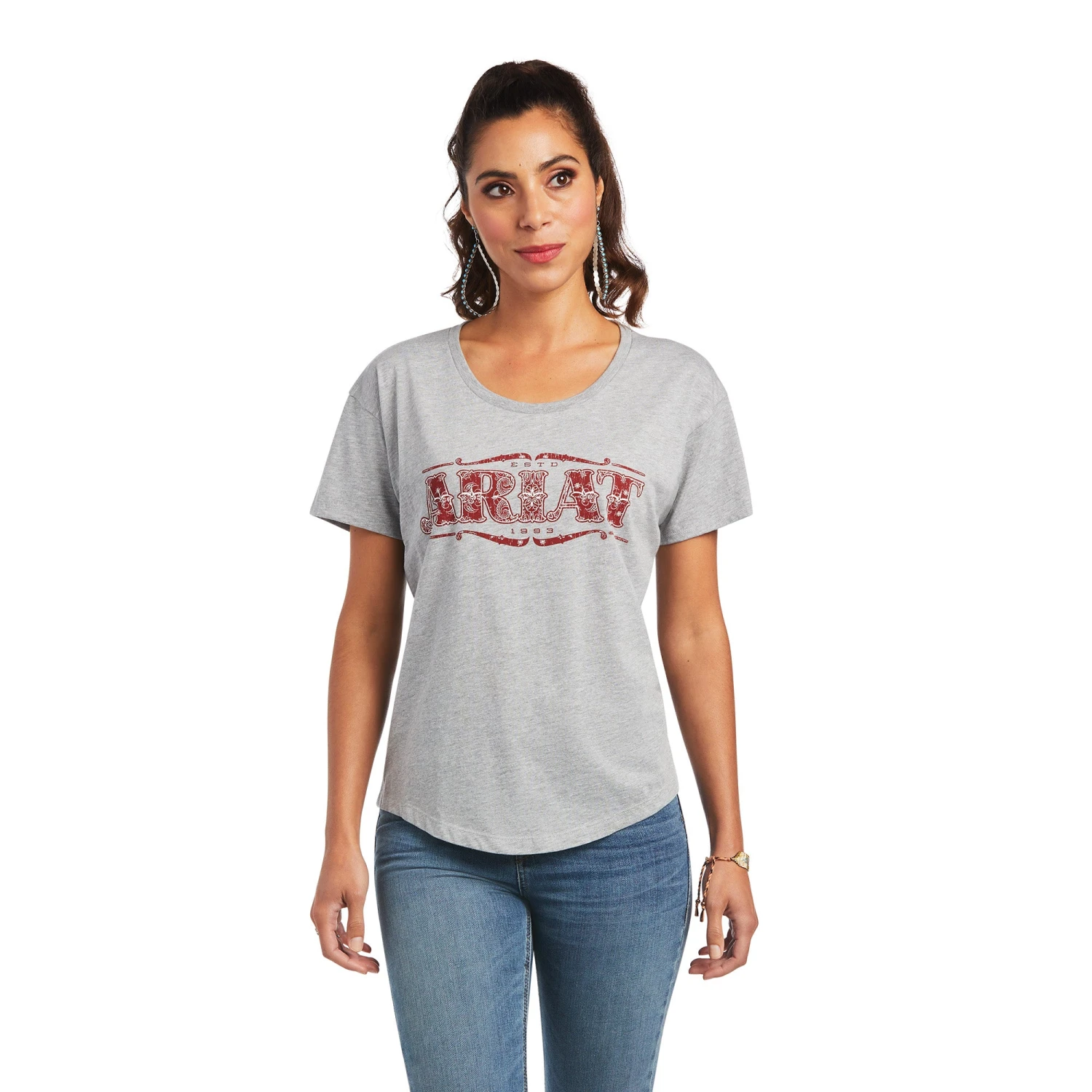 Ariat® Ladies Bandana Logo Heather Grey Graphic T-shirt 10040966 Ariat® Ladies Bandana Logo Heather Grey Graphic T-shirt 10040966 -Ariat Shop S22 WMS WEST 10040966 front